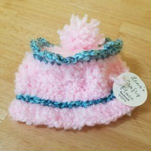 Baby Handmade Knitted Crochet Beanie Hat 3-6 Months Pink Fluffy Cupcake